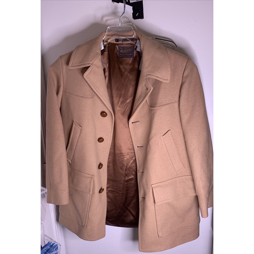 Vintage Mens PENDLETON Coat WOOL XL peacoat Brown Camel Winter‎ Tan Leather